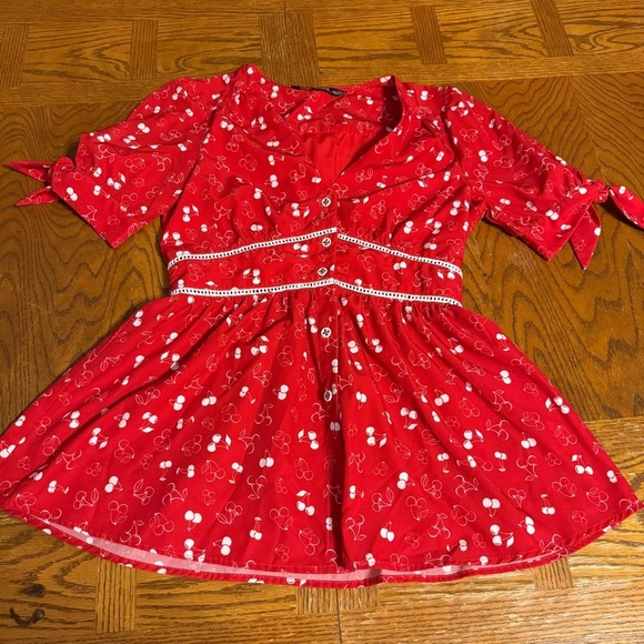 eShakti Red Cherry Print Peplum Top Sz S Bow Sleeve Retro Pinup Baby Doll Top - Picture 3 of 14